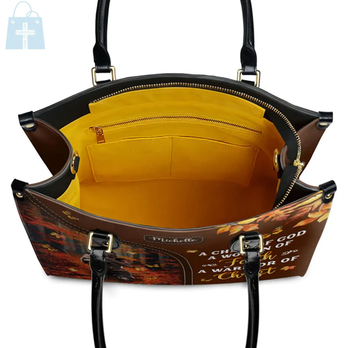 Christianartbag Handbags, A Child Of God A Woman Of Faith A Warrior Of Christ Leather Handbag, Autumn Women Warrior Leather Handbag, Gifts for Women, CABLTB02181023.