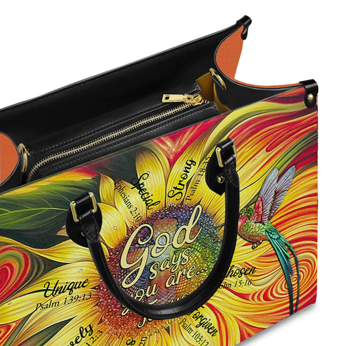 Christianartbag Handbags, GOD Says You Are Leather Handbag, Sunflower Hummingbird Leather Handbag, Gifts for Women, CABLTB01181023.