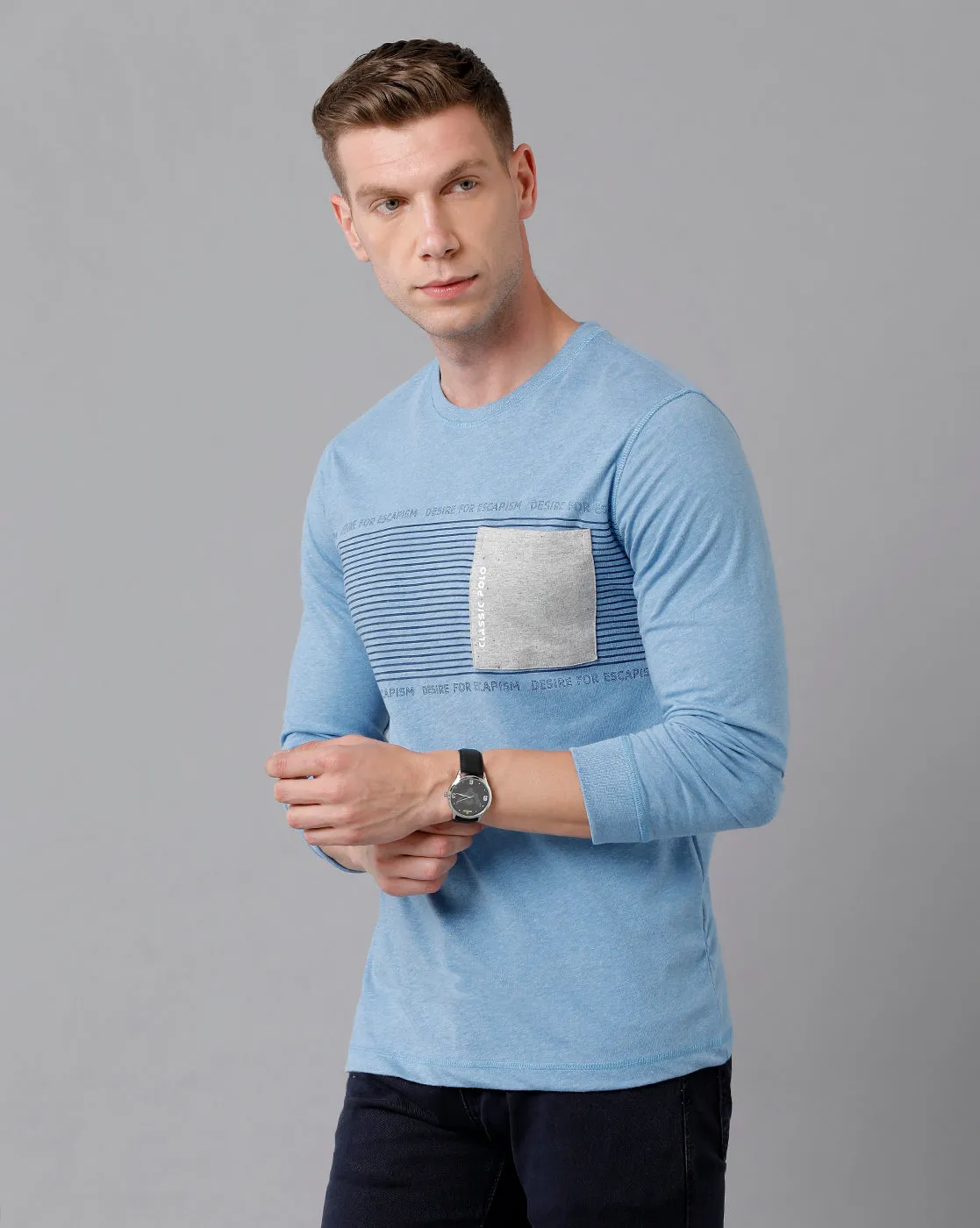 Classic Polo Men's Cotton Printed Full Sleeve Slim Fit Round Neck Blue Color T-Shirt | Baleno Fs - 478 B