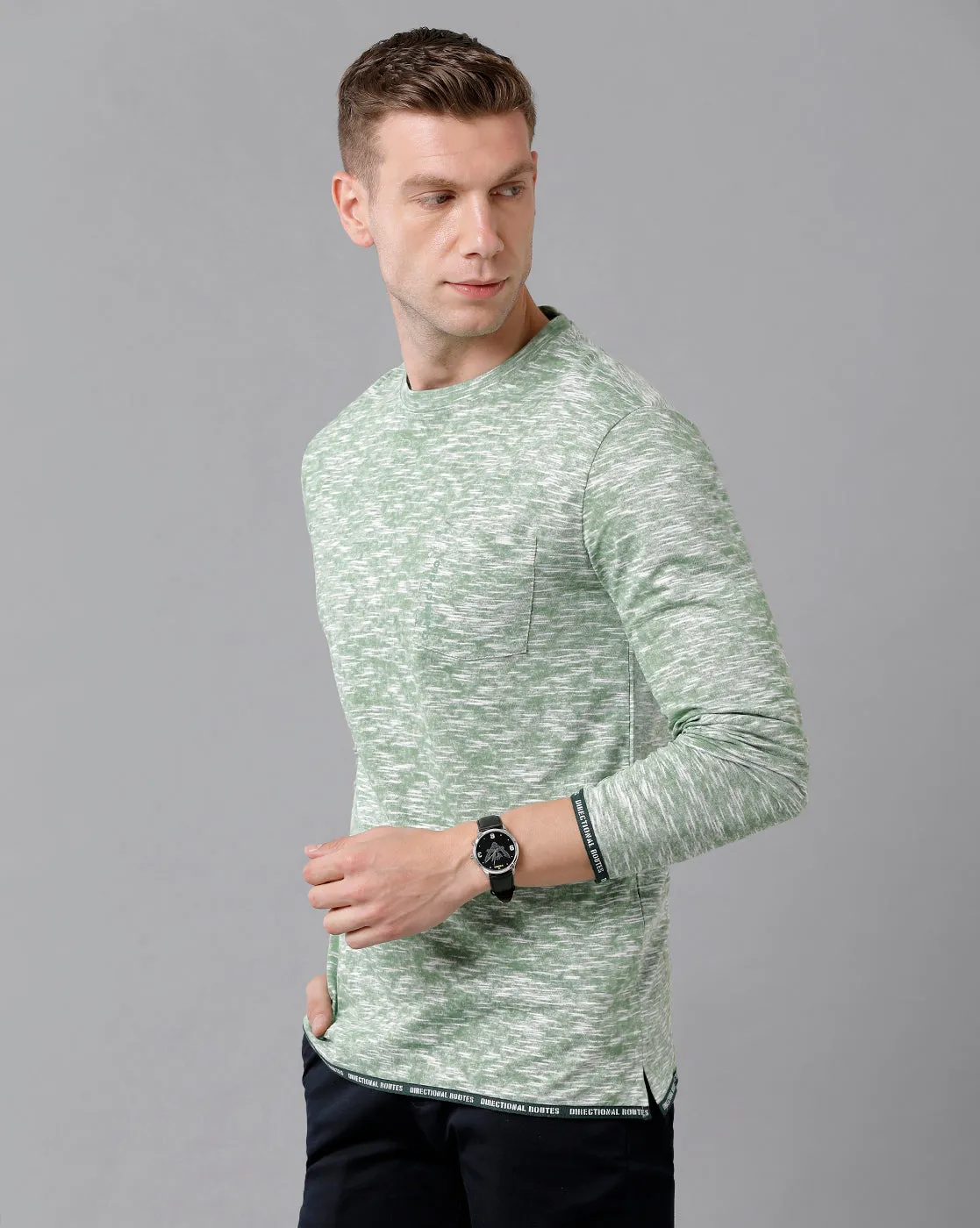 Classic Polo Men's Cotton Self Design Full Sleeve Slim Fit Round Neck Green Color T-Shirt | Baleno Fs - 481 A
