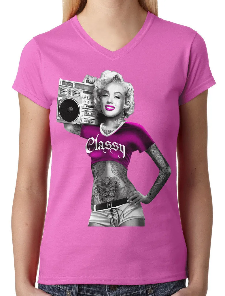 Classy Marilyn Monroe Boombox Junior Ladies V-neck T-shirt