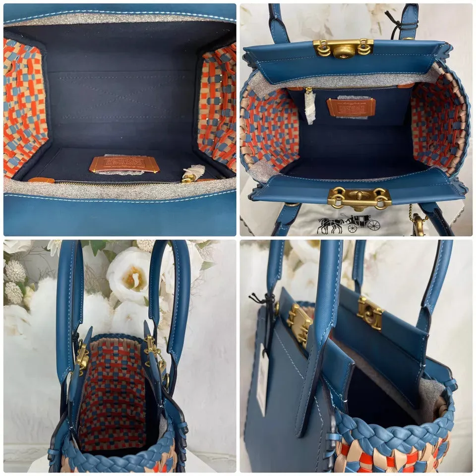 Coach Troupe Tote Weaving Bag Leather Magnetic Zip Blue Lake Handbag Purse NEW