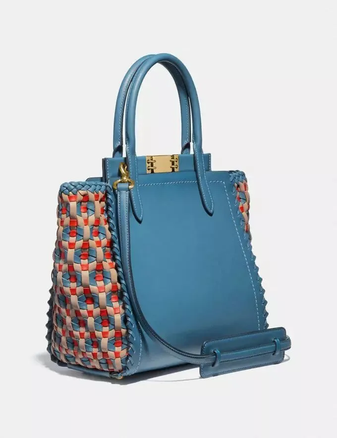 Coach Troupe Tote Weaving Bag Leather Magnetic Zip Blue Lake Handbag Purse NEW