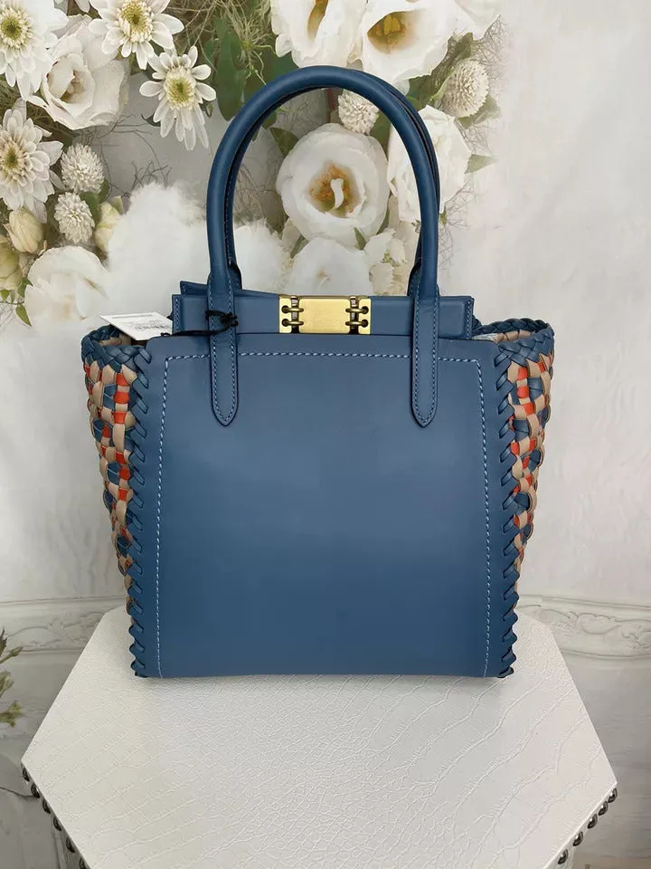 Coach Troupe Tote Weaving Bag Leather Magnetic Zip Blue Lake Handbag Purse NEW