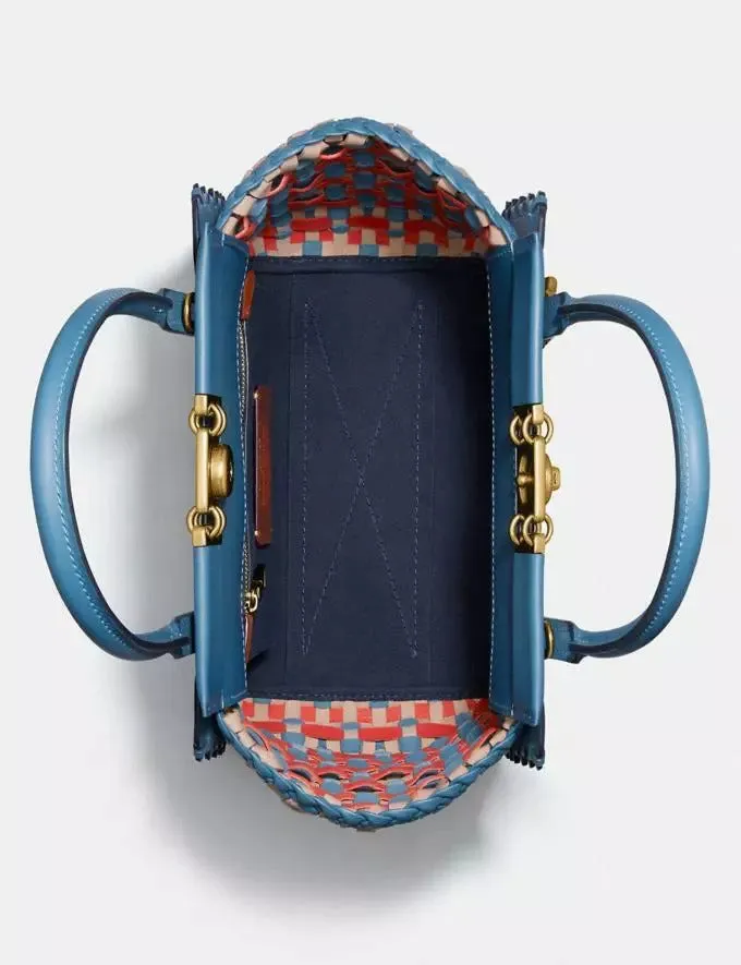 Coach Troupe Tote Weaving Bag Leather Magnetic Zip Blue Lake Handbag Purse NEW