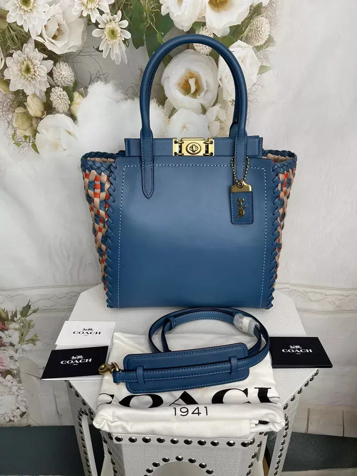 Coach Troupe Tote Weaving Bag Leather Magnetic Zip Blue Lake Handbag Purse NEW