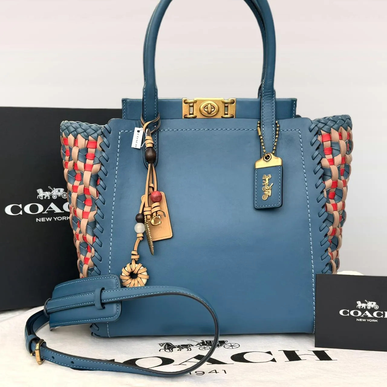 Coach Troupe Tote Weaving Bag Leather Magnetic Zip Blue Lake Handbag Purse NEW