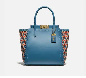 Coach Troupe Tote Weaving Bag Leather Magnetic Zip Blue Lake Handbag Purse NEW