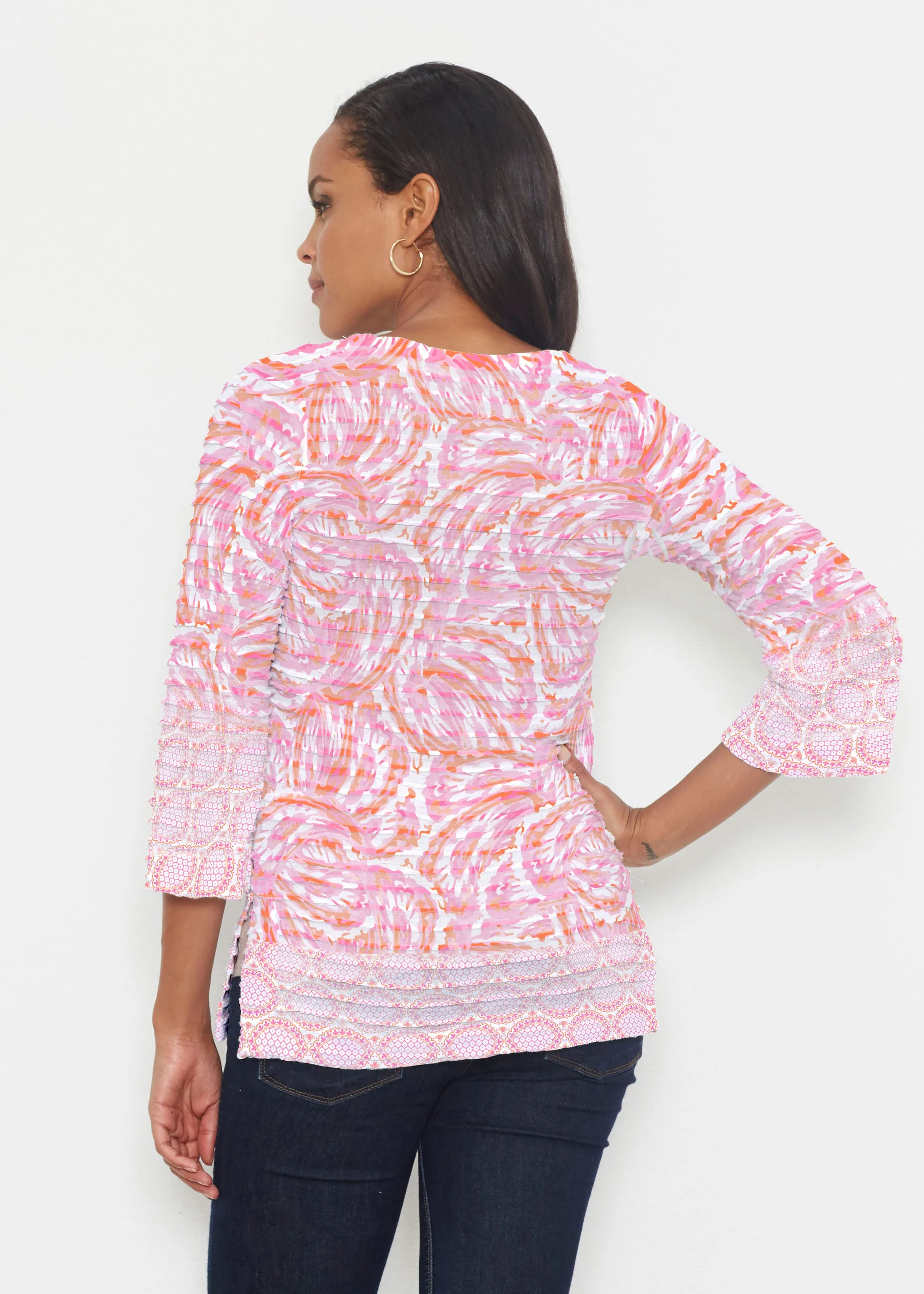 Coastal Paisley Pink (7754) ~ Banded 3/4 Bell-Sleeve V-Neck Tunic