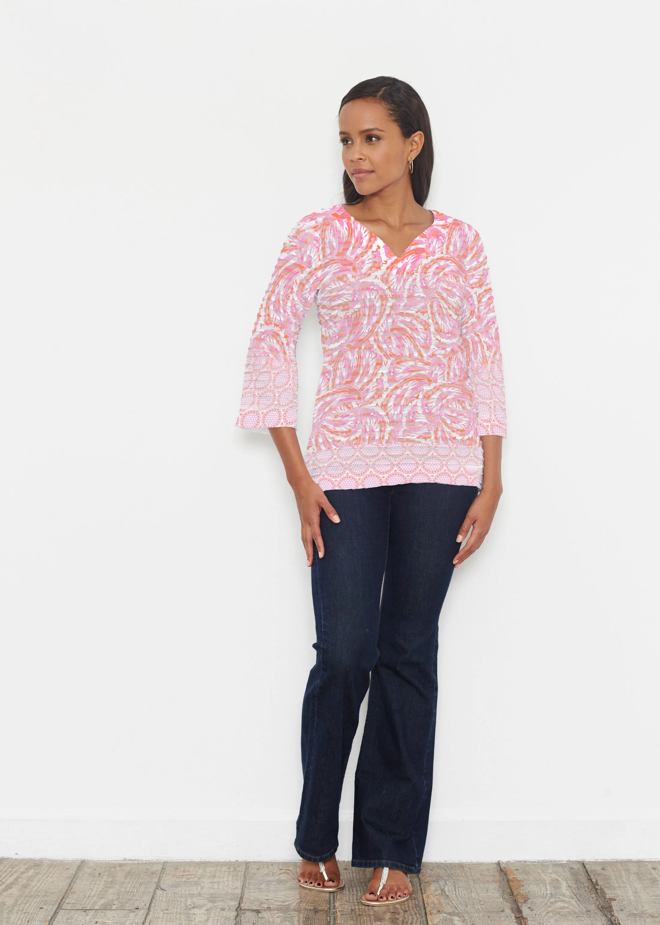 Coastal Paisley Pink (7754) ~ Banded 3/4 Bell-Sleeve V-Neck Tunic