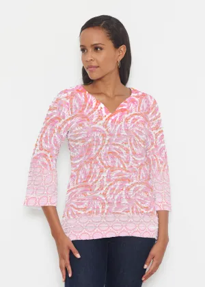 Coastal Paisley Pink (7754) ~ Banded 3/4 Bell-Sleeve V-Neck Tunic