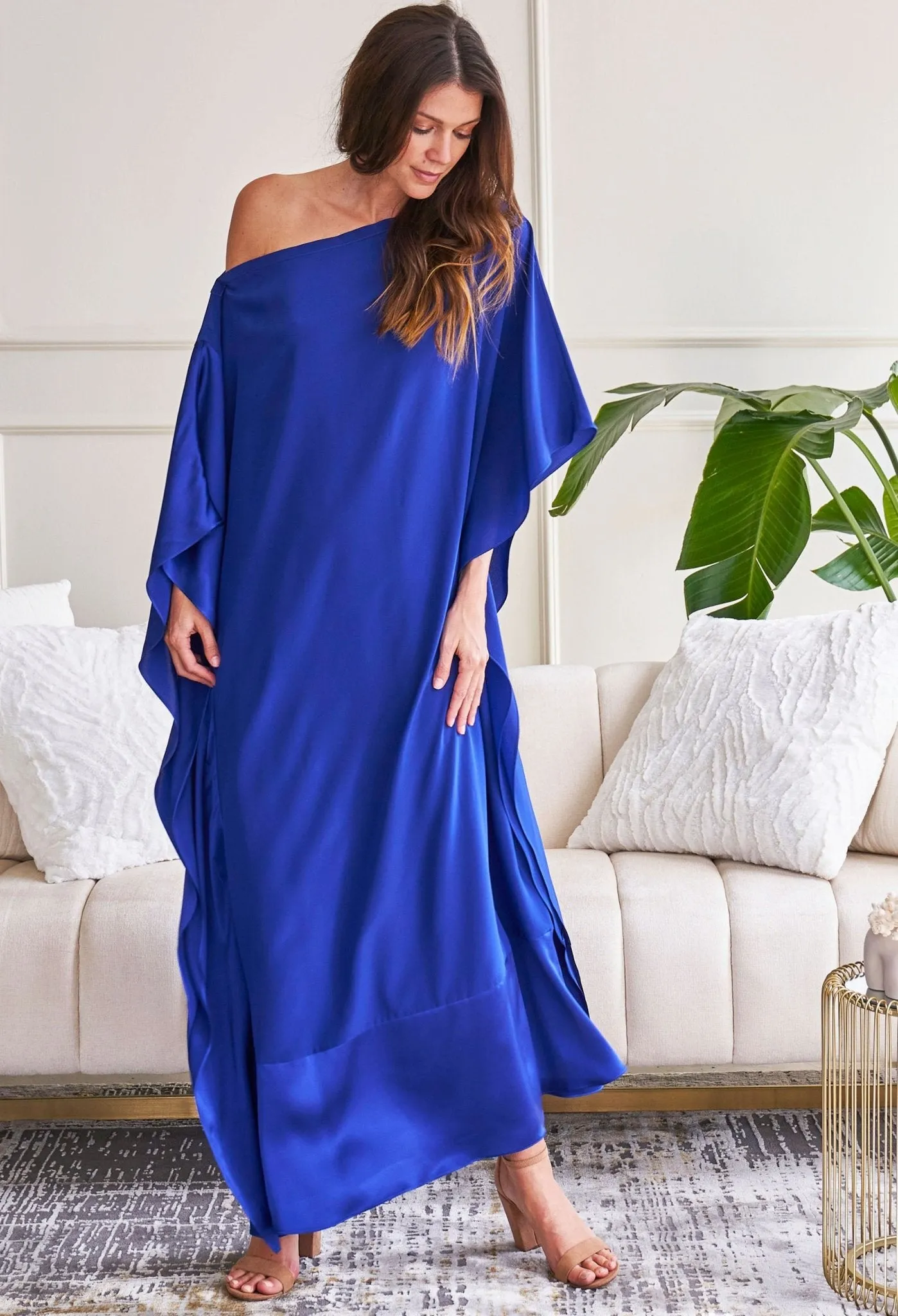 Cobalt Silk Convertible Boatneck Caftan - Sale