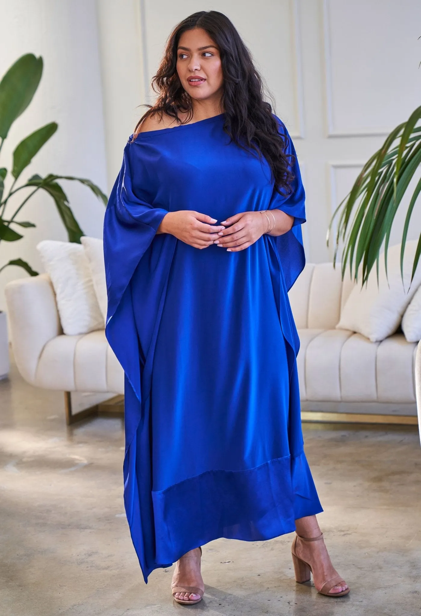 Cobalt Silk Convertible Boatneck Caftan - Sale