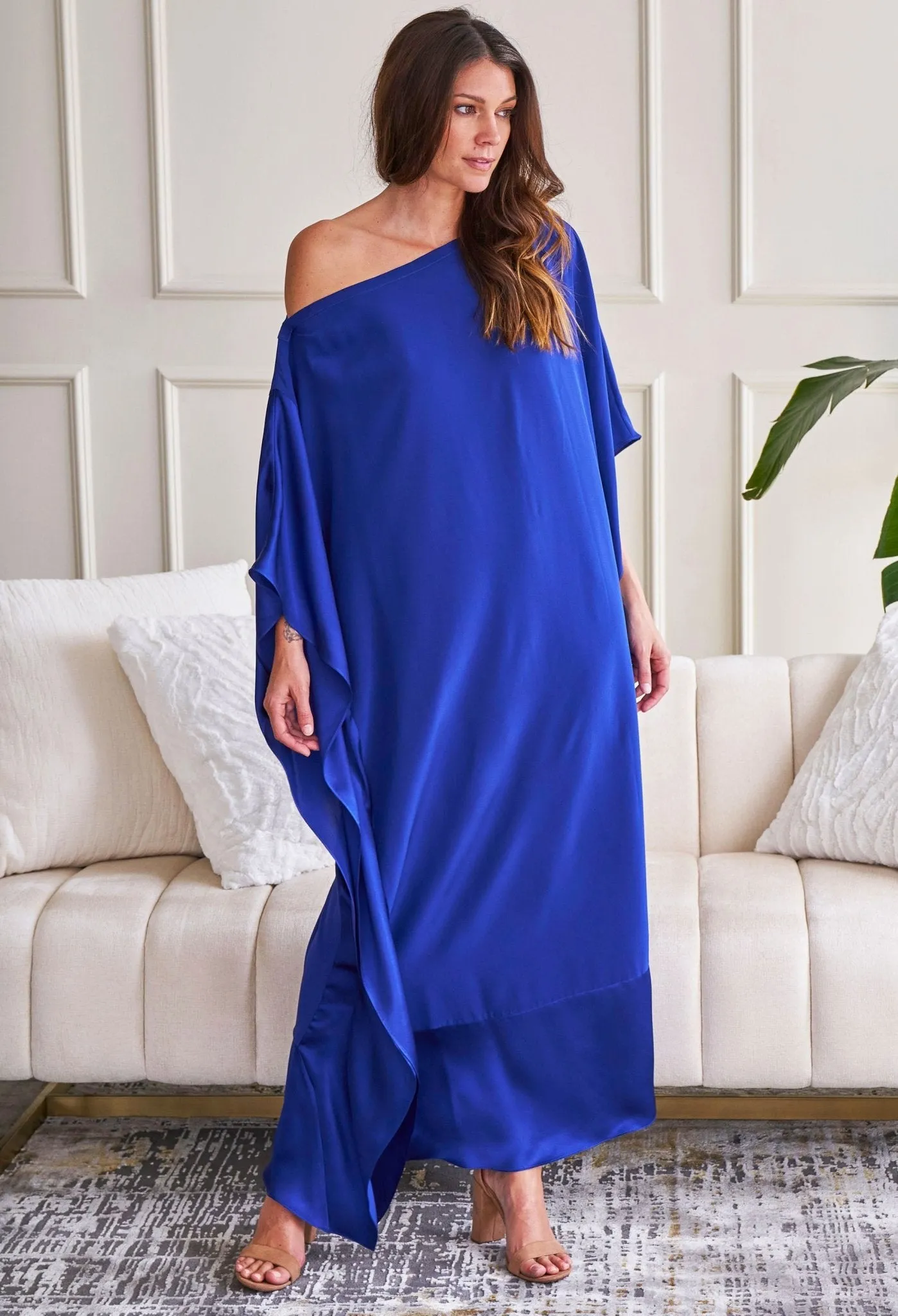 Cobalt Silk Convertible Boatneck Caftan - Sale