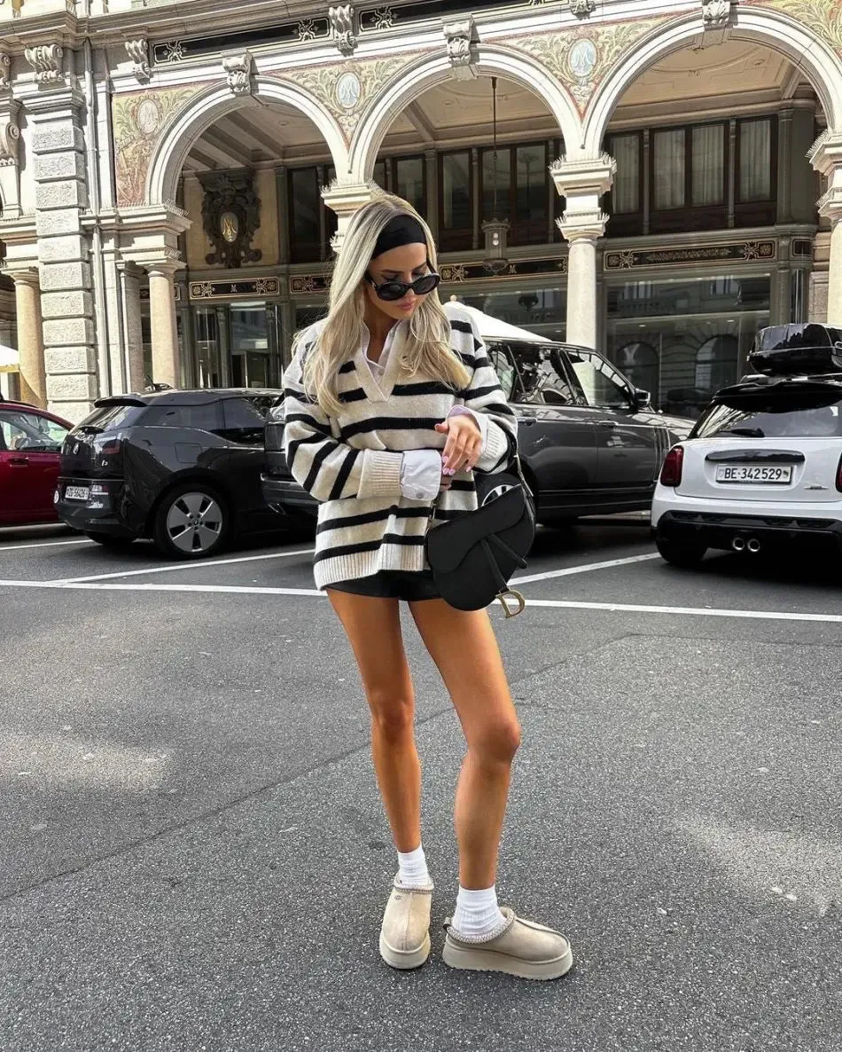 Collar Fine-Knit V-Neck Sweater