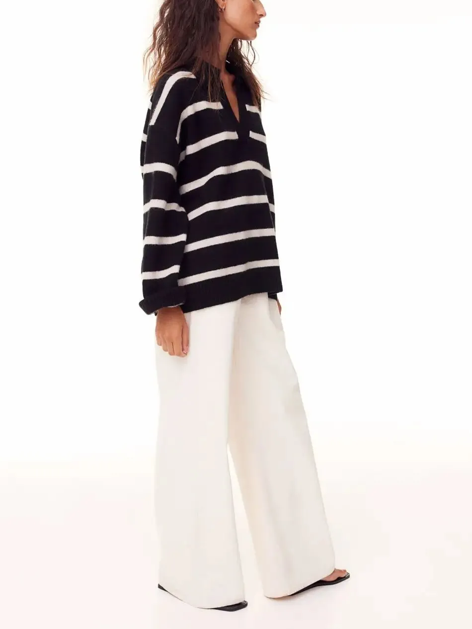Collar Fine-Knit V-Neck Sweater