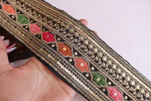 Colorful Black Zari Embroidered Lace 10 cm Wide - 1 Yard