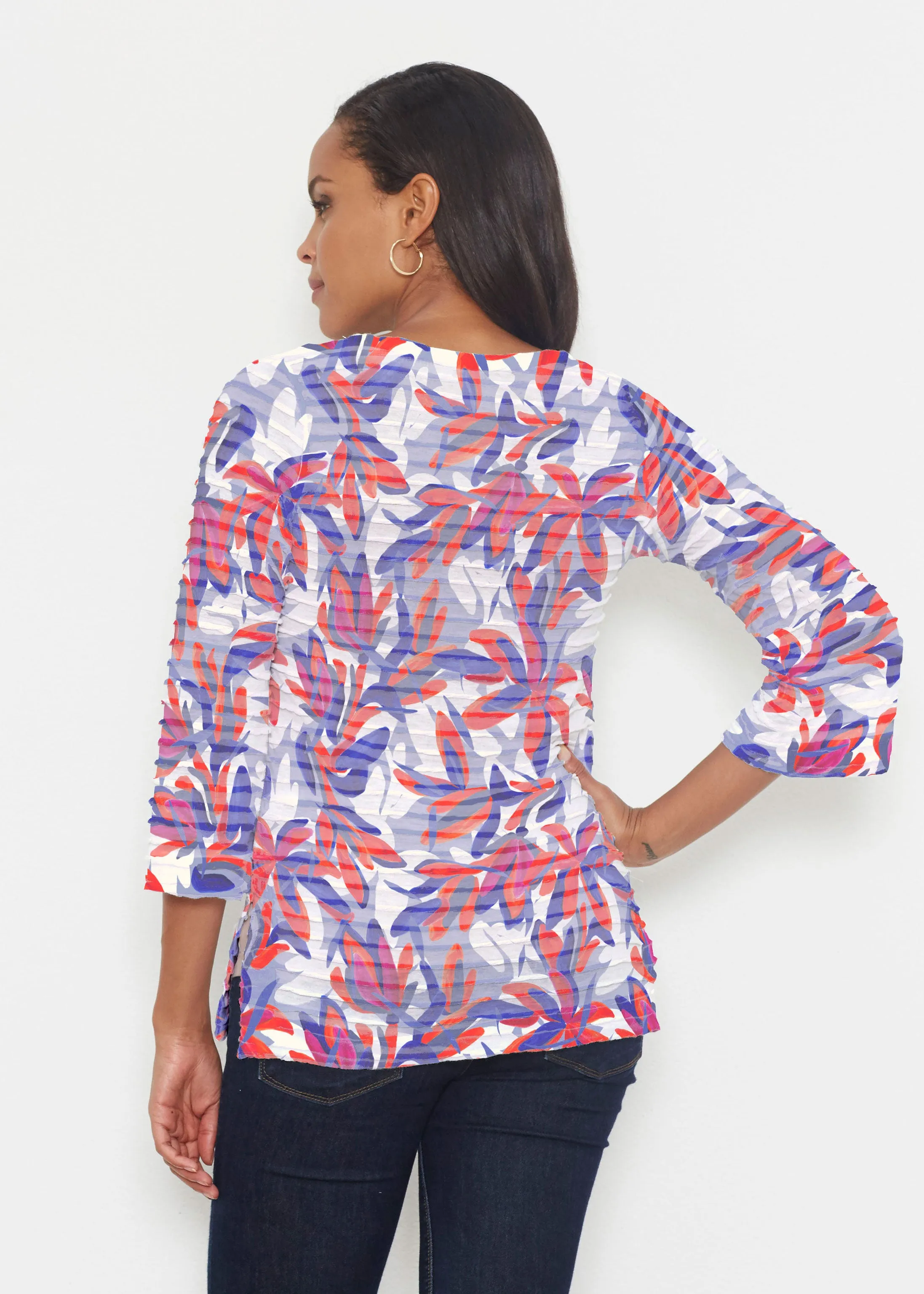 Colorful Palm Blue (7901) ~ Banded 3/4 Bell-Sleeve V-Neck Tunic