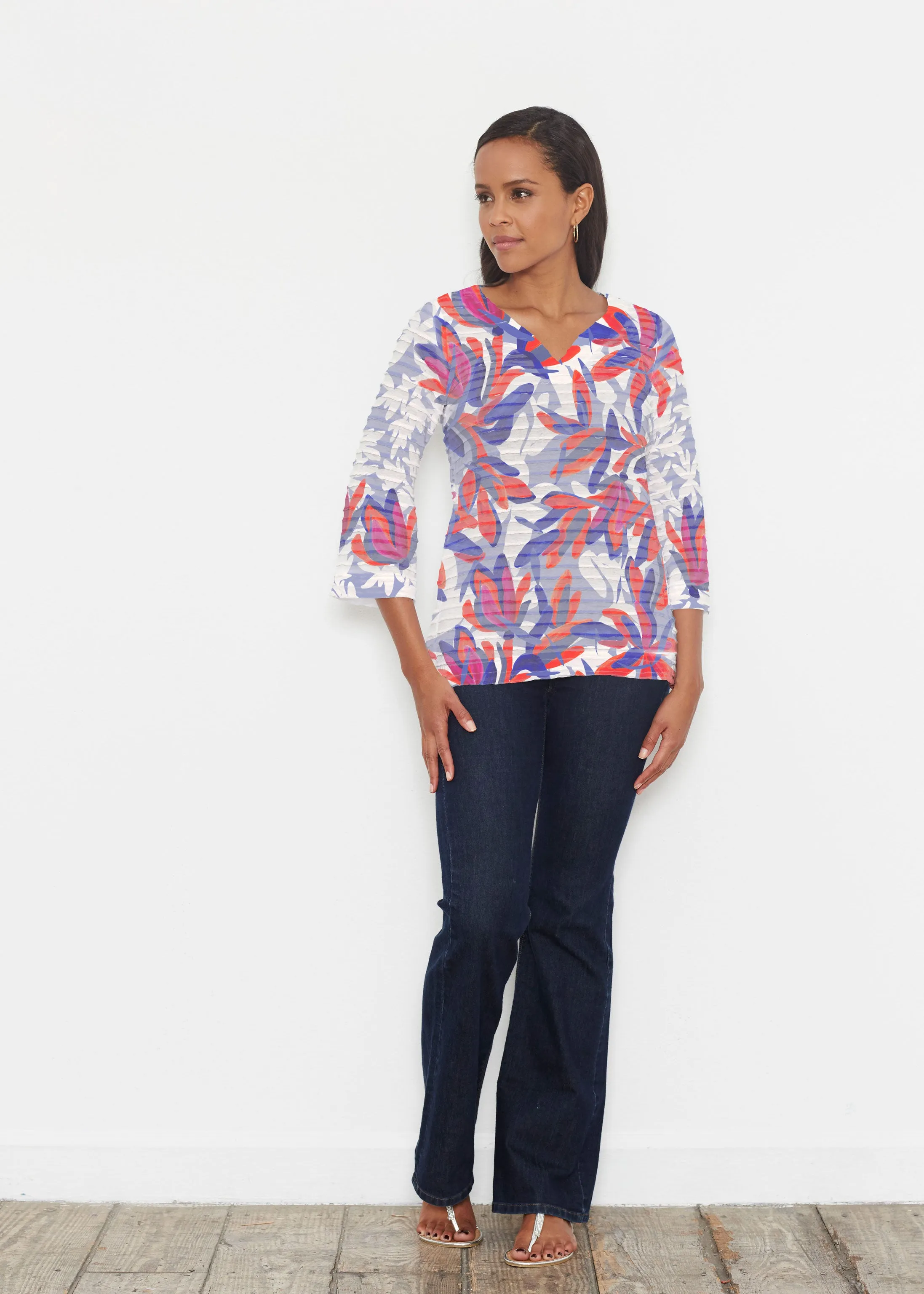 Colorful Palm Blue (7901) ~ Banded 3/4 Bell-Sleeve V-Neck Tunic