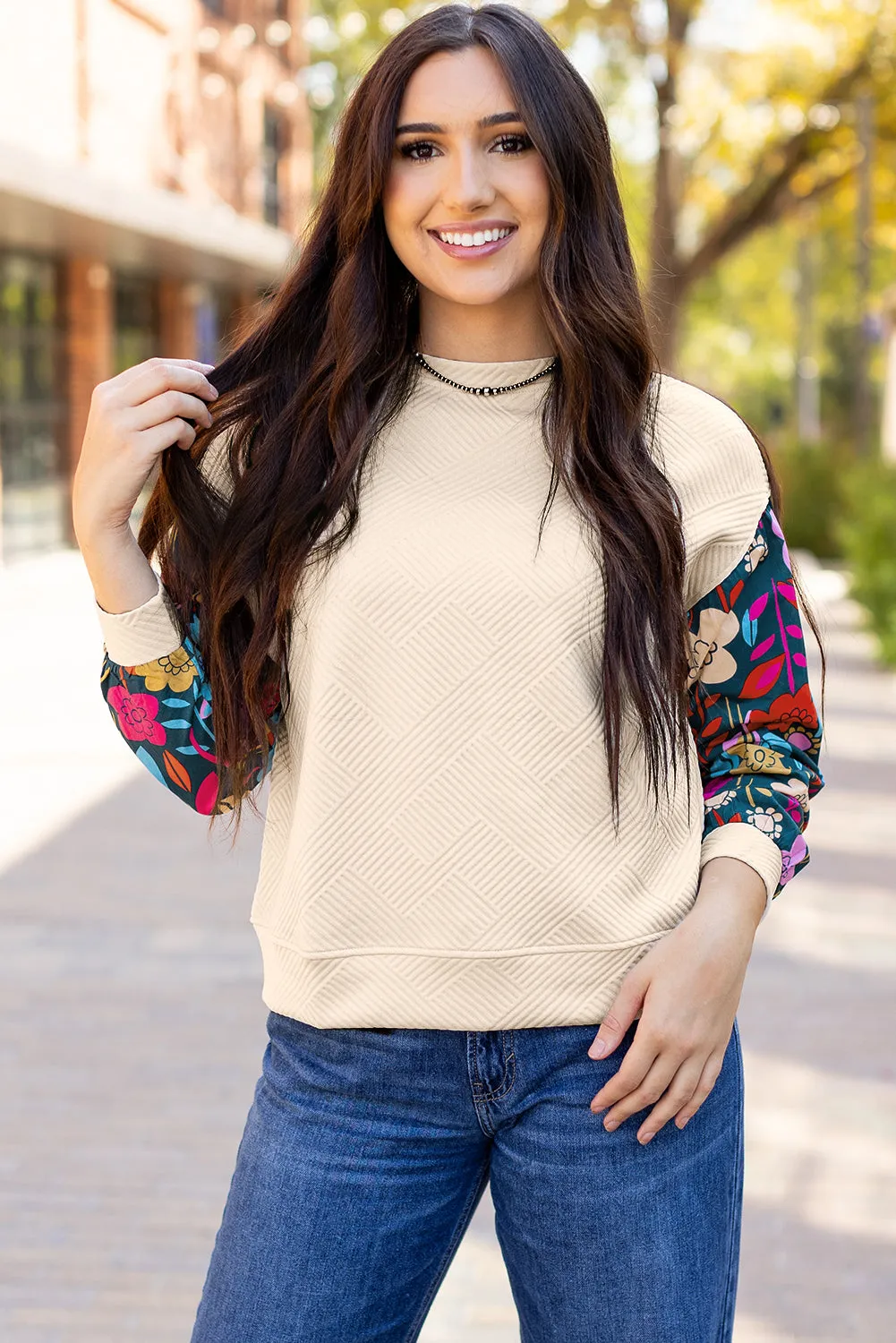 Contrast Floral Sleeve Textured Knit Top
