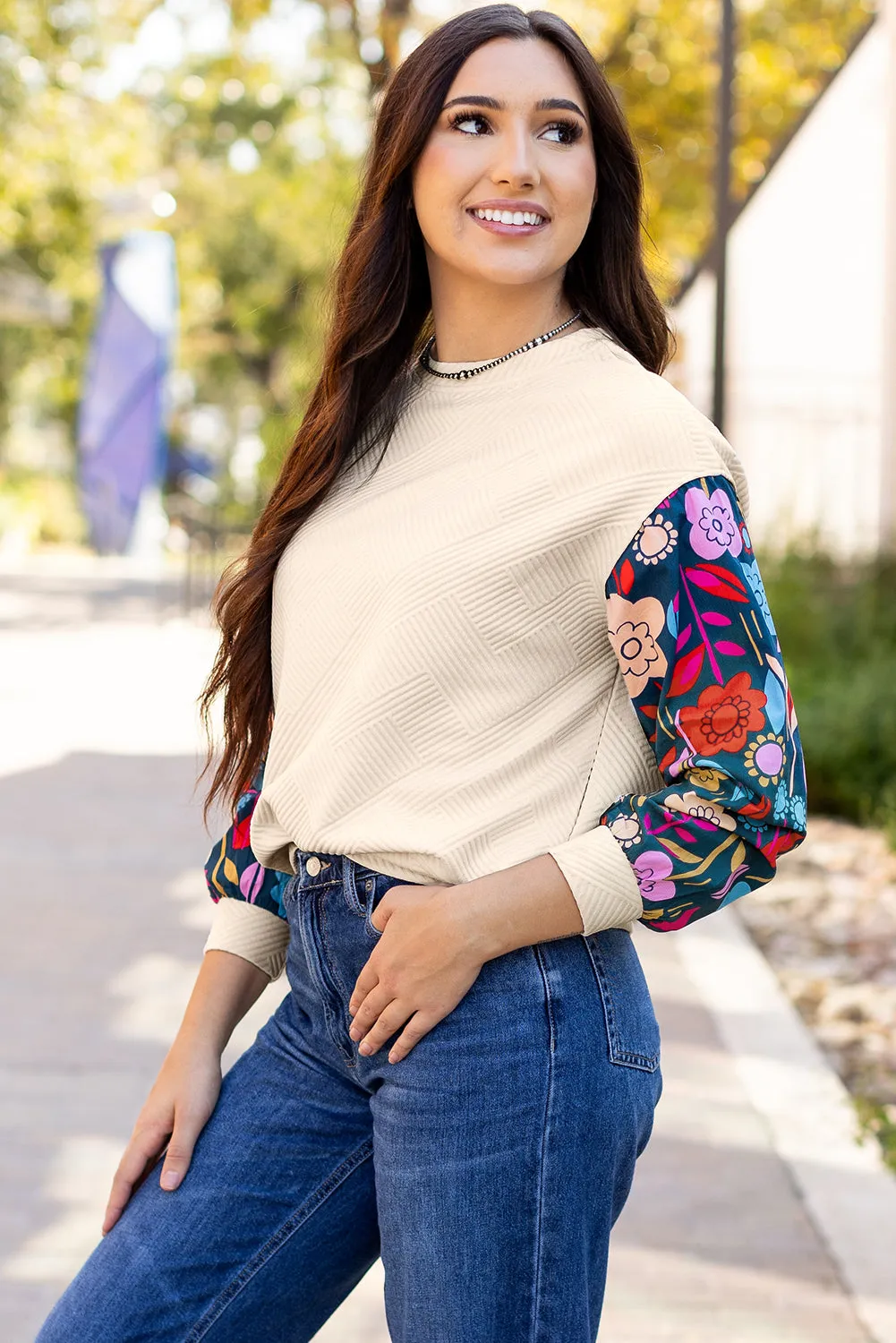 Contrast Floral Sleeve Textured Knit Top