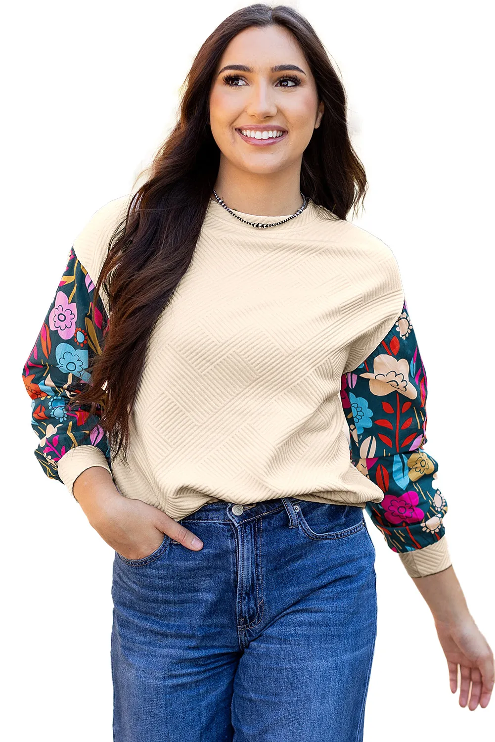 Contrast Floral Sleeve Textured Knit Top