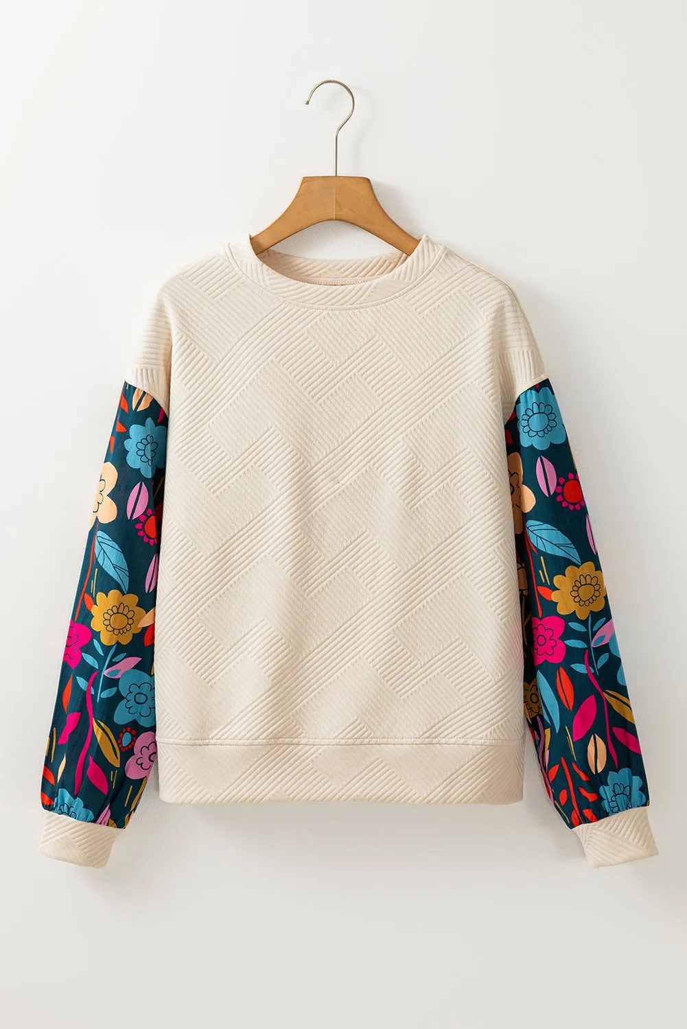 Contrast Floral Sleeve Textured Knit Top
