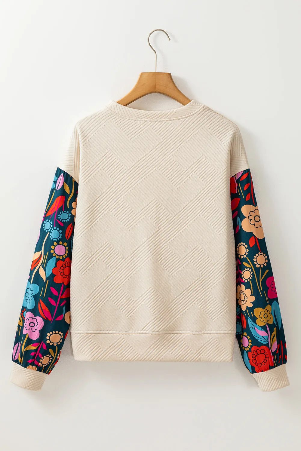 Contrast Floral Sleeve Textured Knit Top