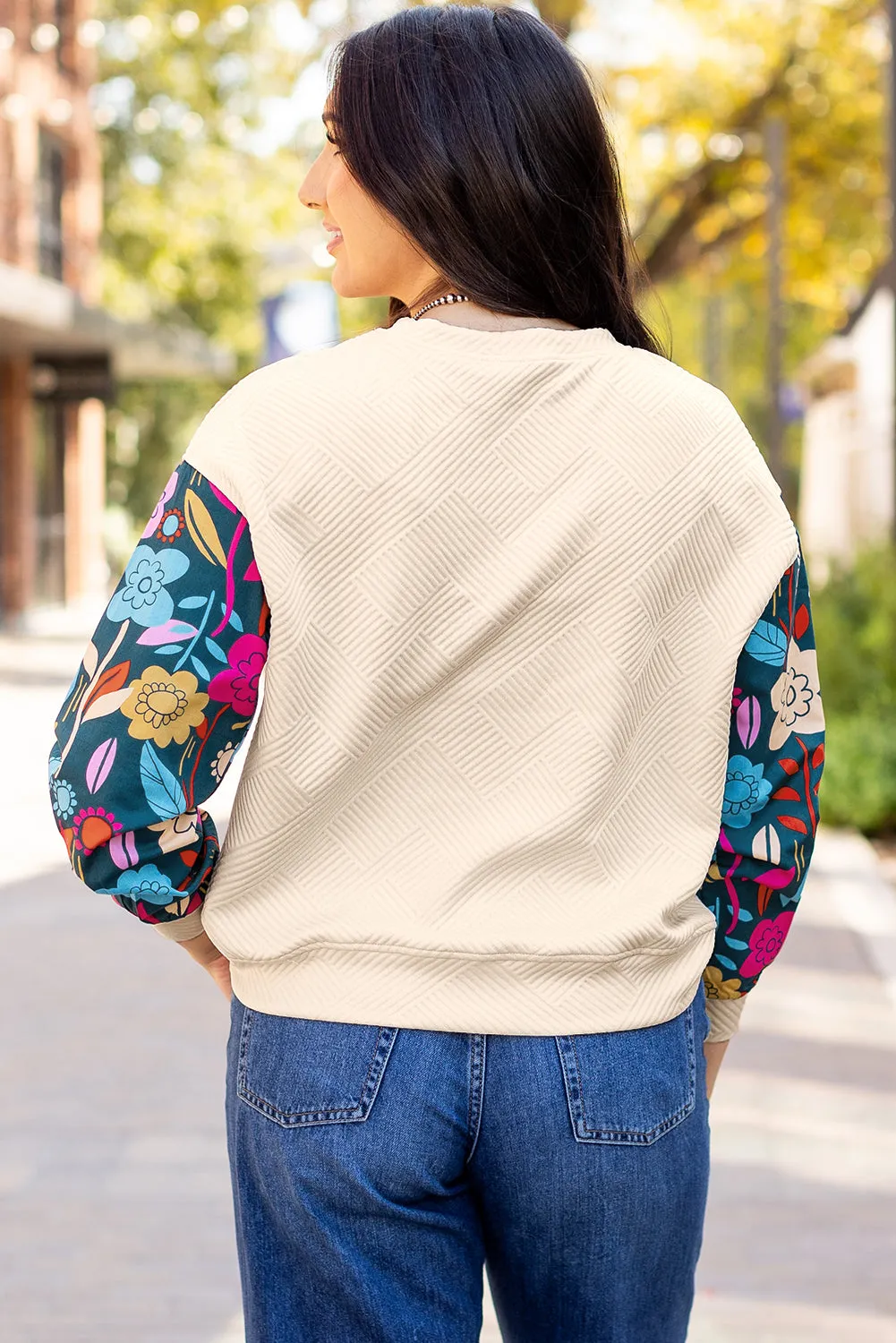 Contrast Floral Sleeve Textured Knit Top