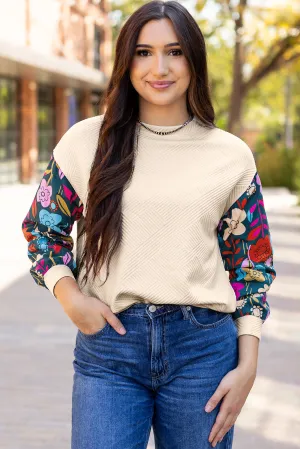 Contrast Floral Sleeve Textured Knit Top