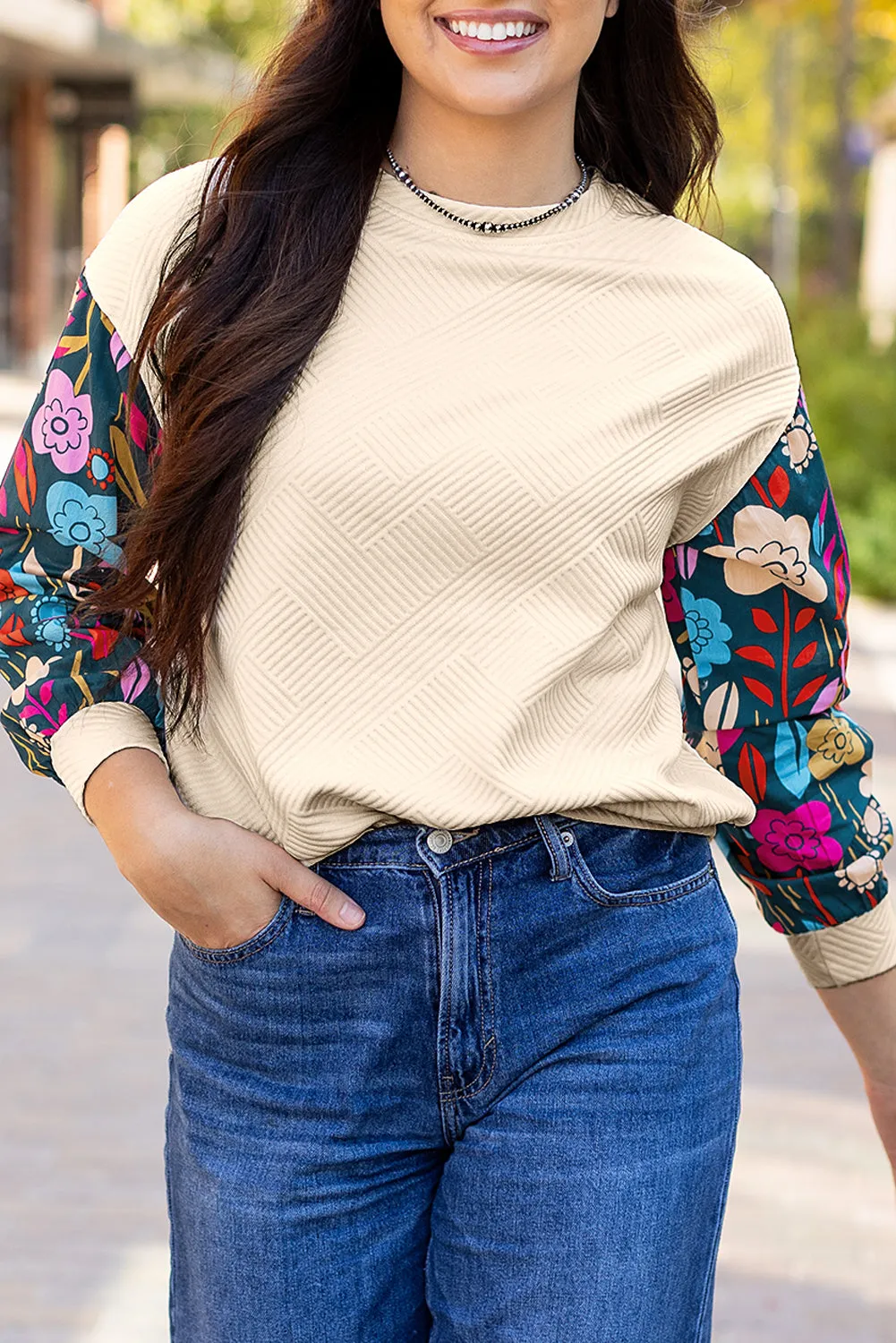 Contrast Floral Sleeve Textured Knit Top