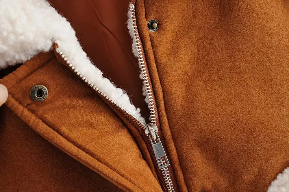 Contrast Pile Collar Pocket Tops Jacket Outerwear