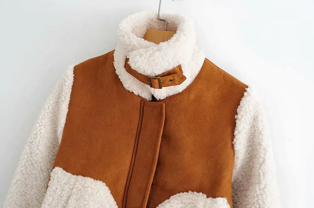 Contrast Pile Collar Pocket Tops Jacket Outerwear
