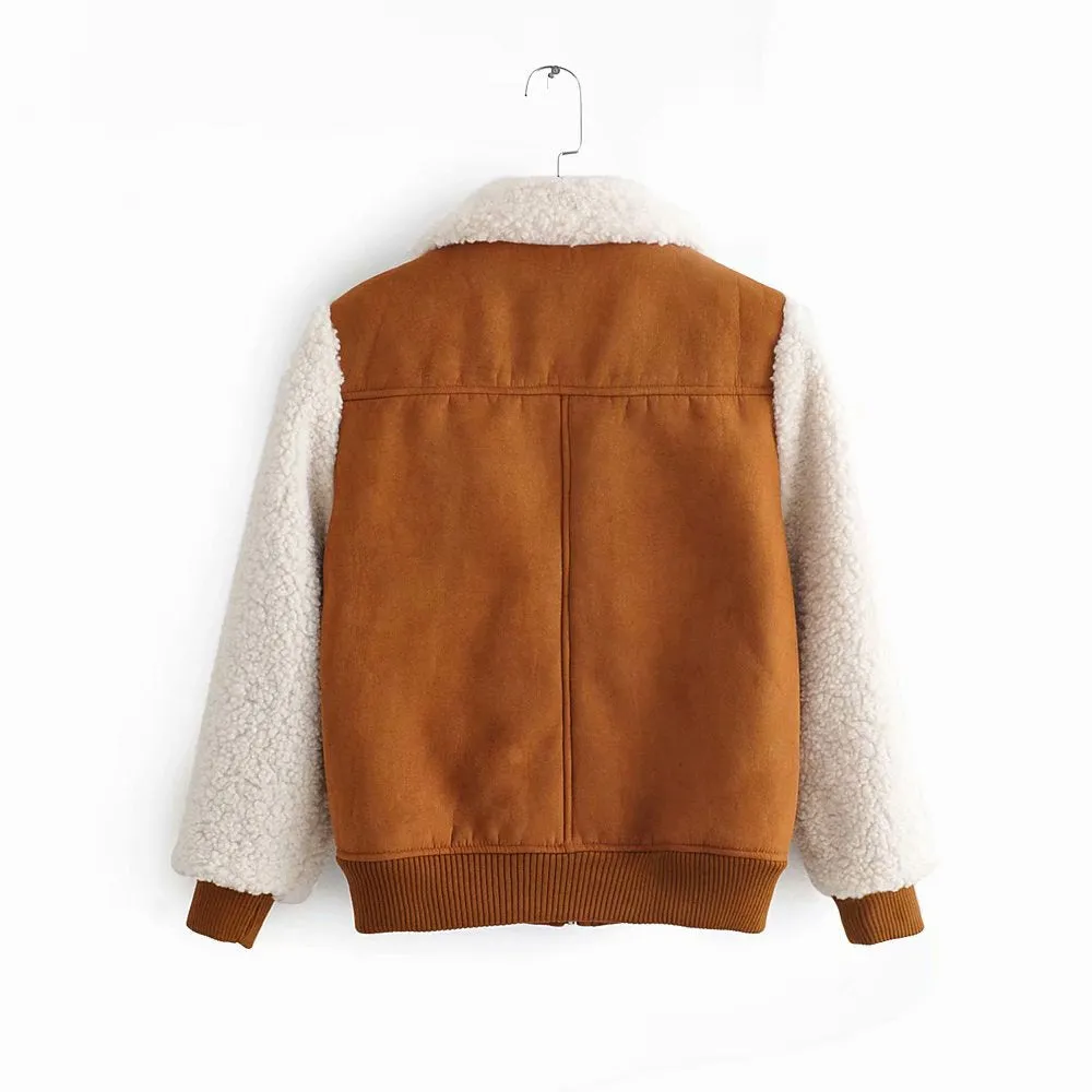 Contrast Pile Collar Pocket Tops Jacket Outerwear