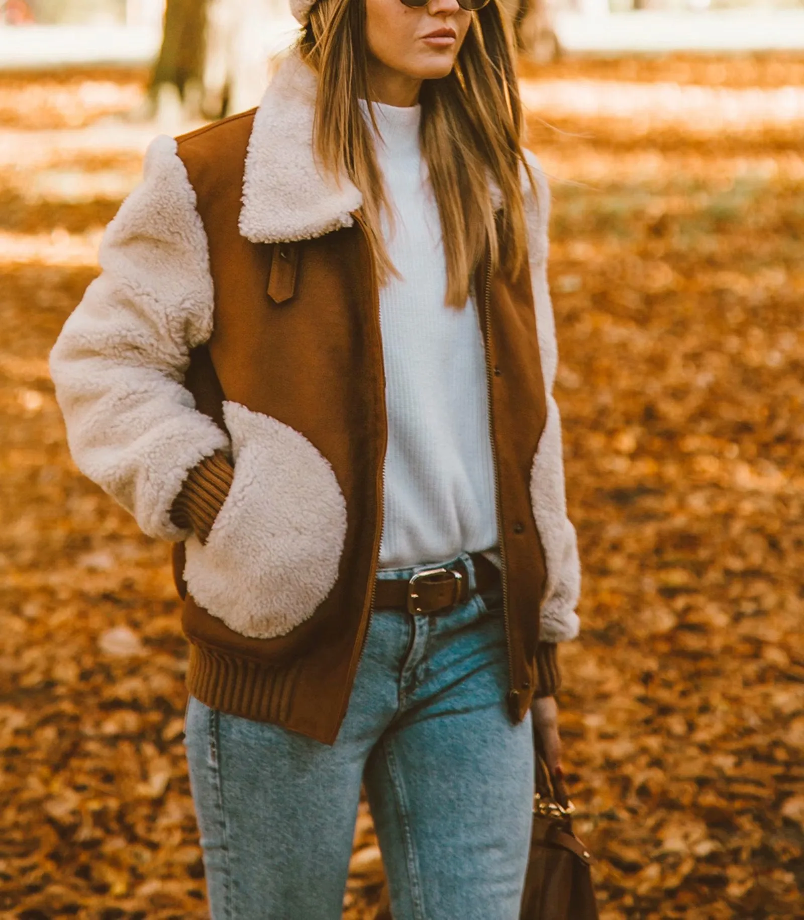 Contrast Pile Collar Pocket Tops Jacket Outerwear