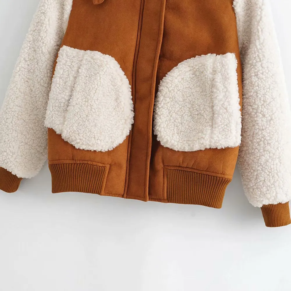 Contrast Pile Collar Pocket Tops Jacket Outerwear