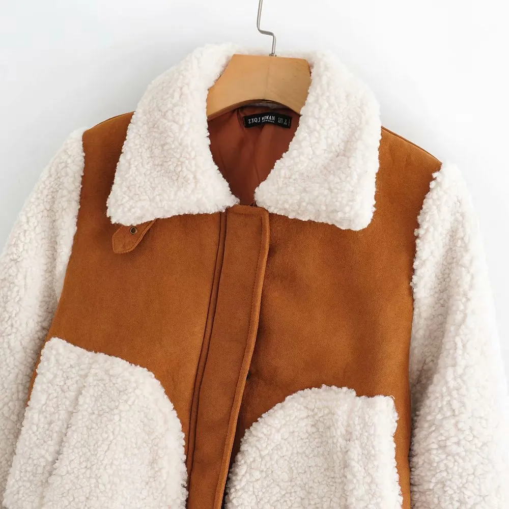 Contrast Pile Collar Pocket Tops Jacket Outerwear