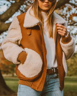 Contrast Pile Collar Pocket Tops Jacket Outerwear