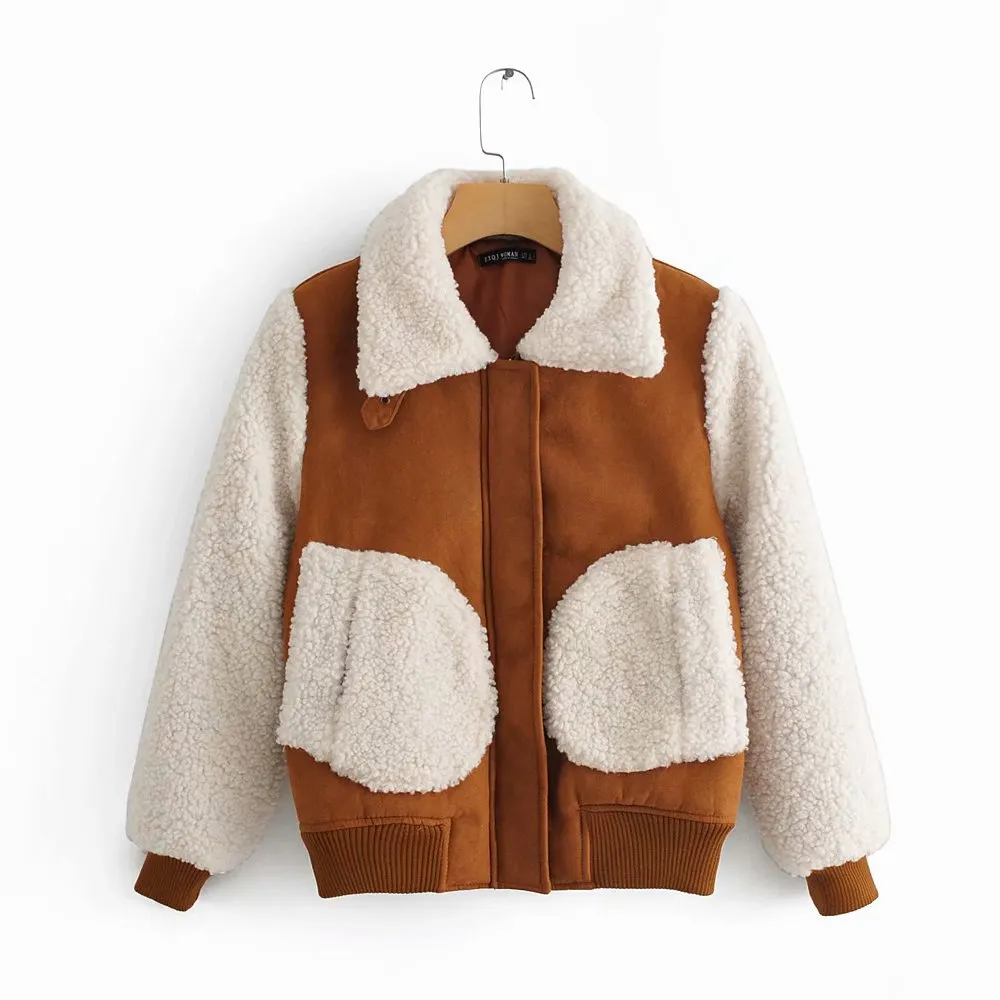 Contrast Pile Collar Pocket Tops Jacket Outerwear