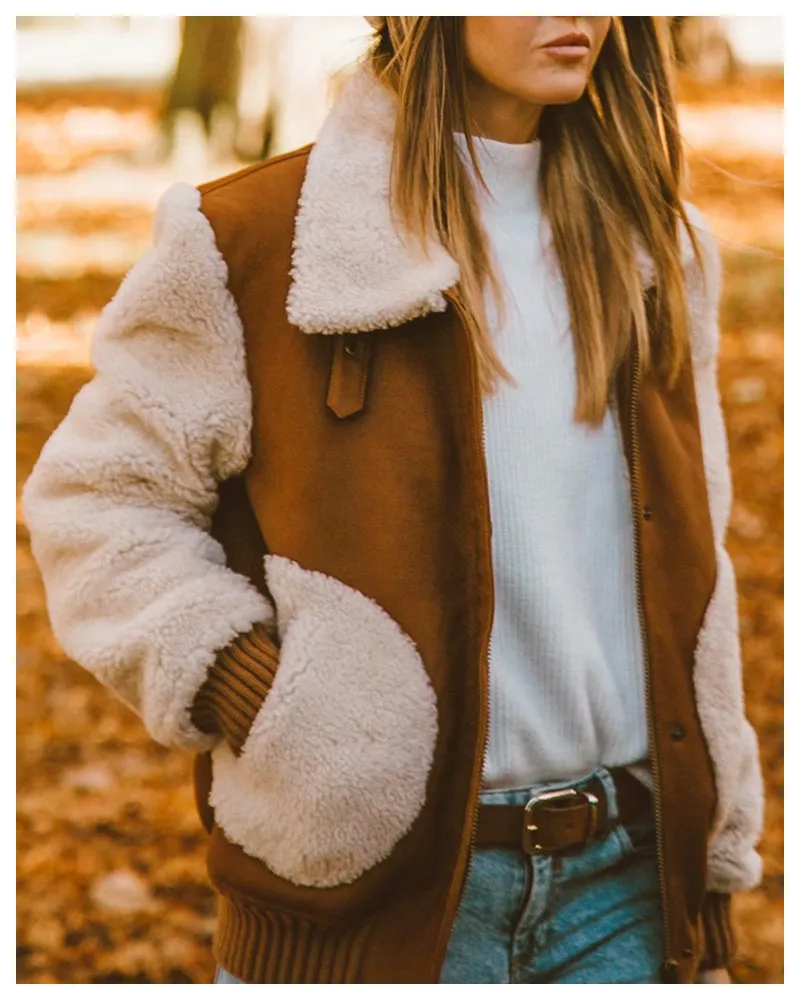 Contrast Pile Collar Pocket Tops Jacket Outerwear