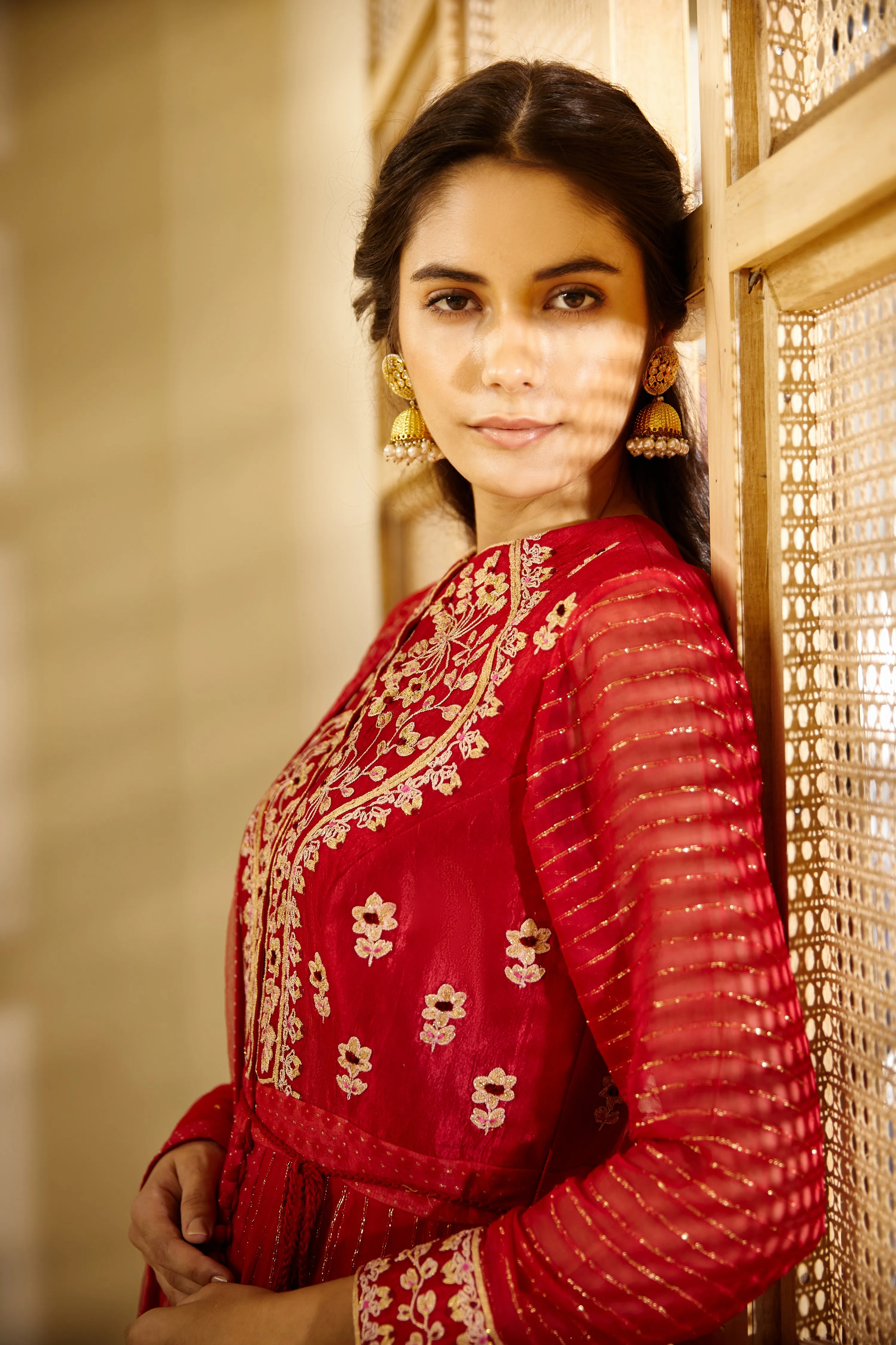 Coral Red Anarkali Set