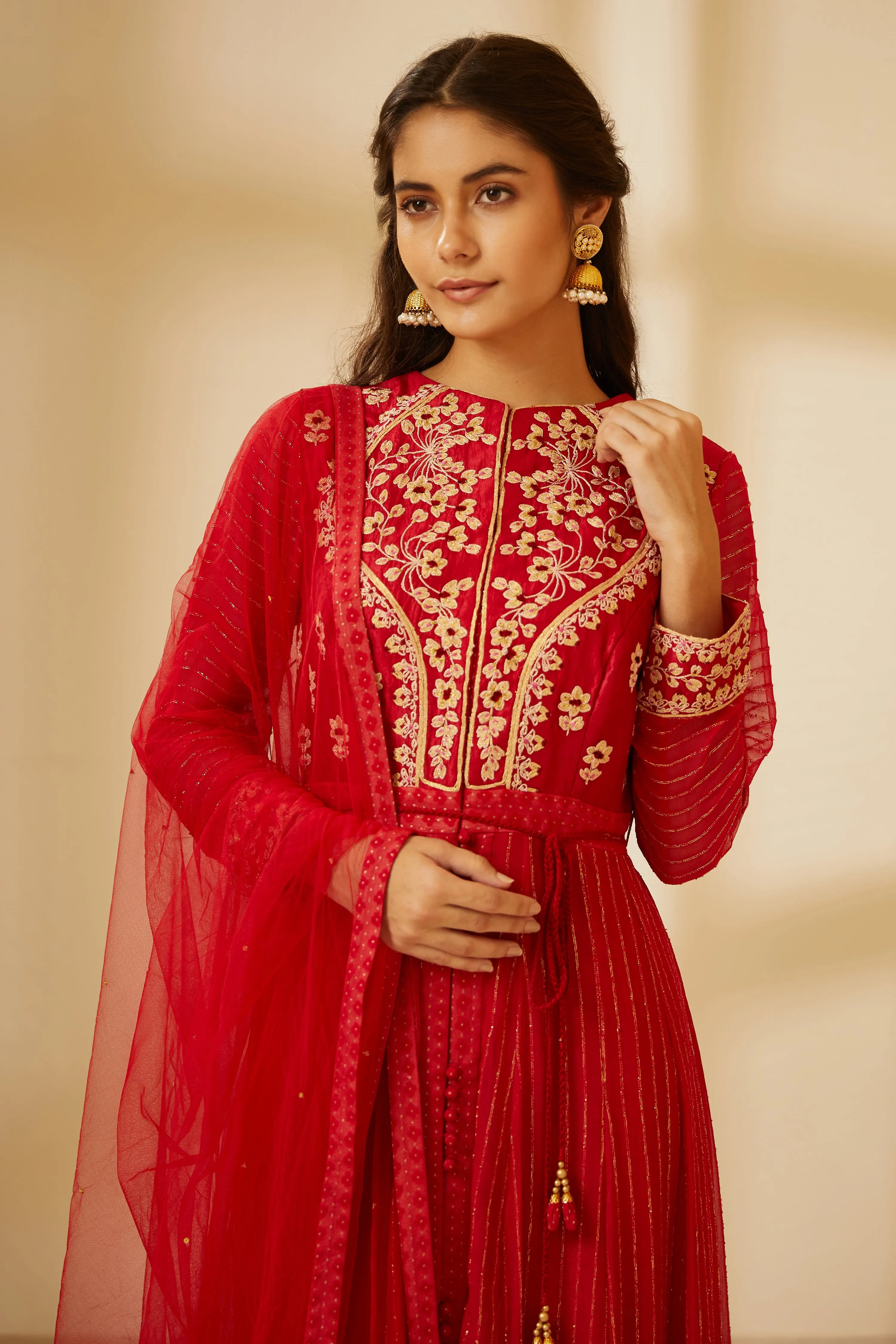 Coral Red Anarkali Set