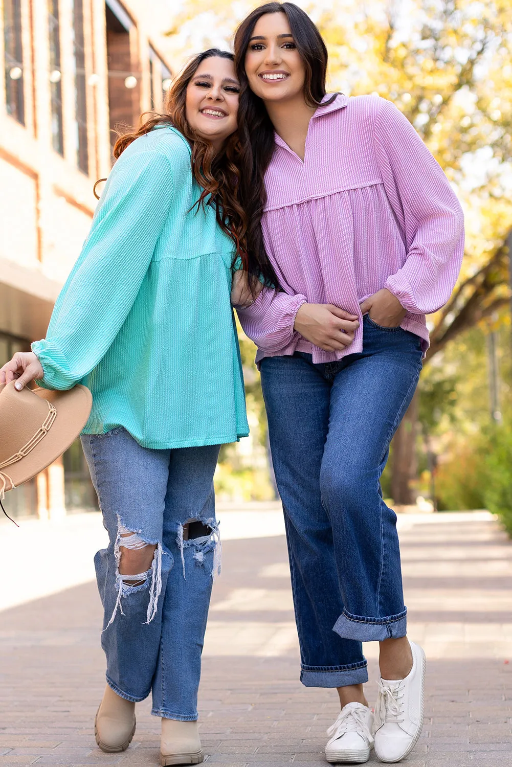 Cordrd Balloon Sleeve Plus Babydoll Top