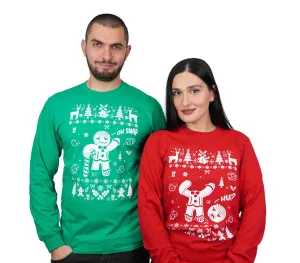 Couple Christmas funny outfits Men's Green Women's red ugly sweater party long sleeve shirts gingerbread cookies matching t-shirts