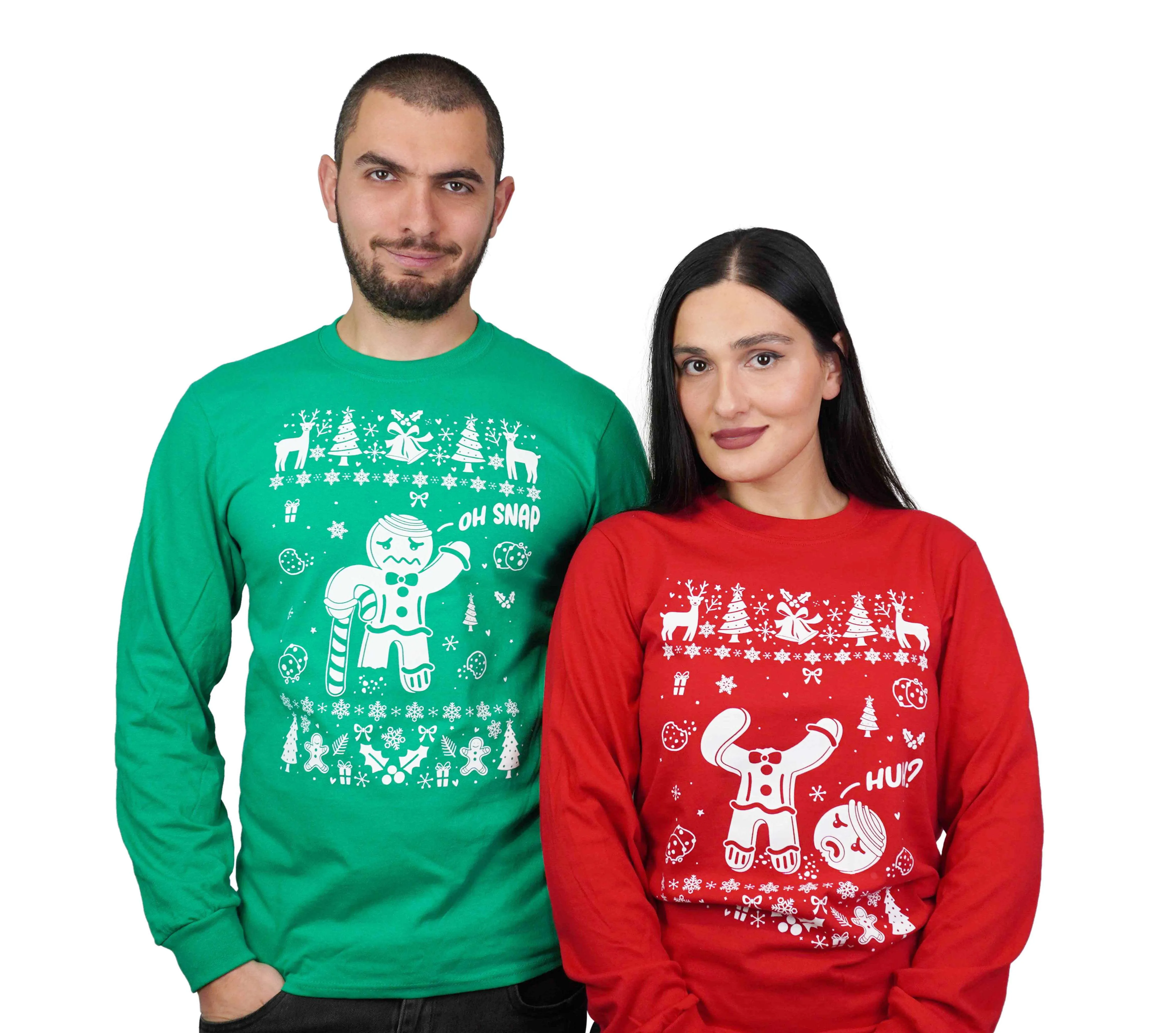 Couple Christmas funny outfits Men's Green Women's red ugly sweater party long sleeve shirts gingerbread cookies matching t-shirts