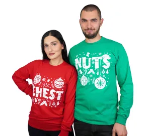 Couple matching green red long sleeve shirts Christmas funny Chestnuts Chest Nuts humorous ugly sweater party t-shirts