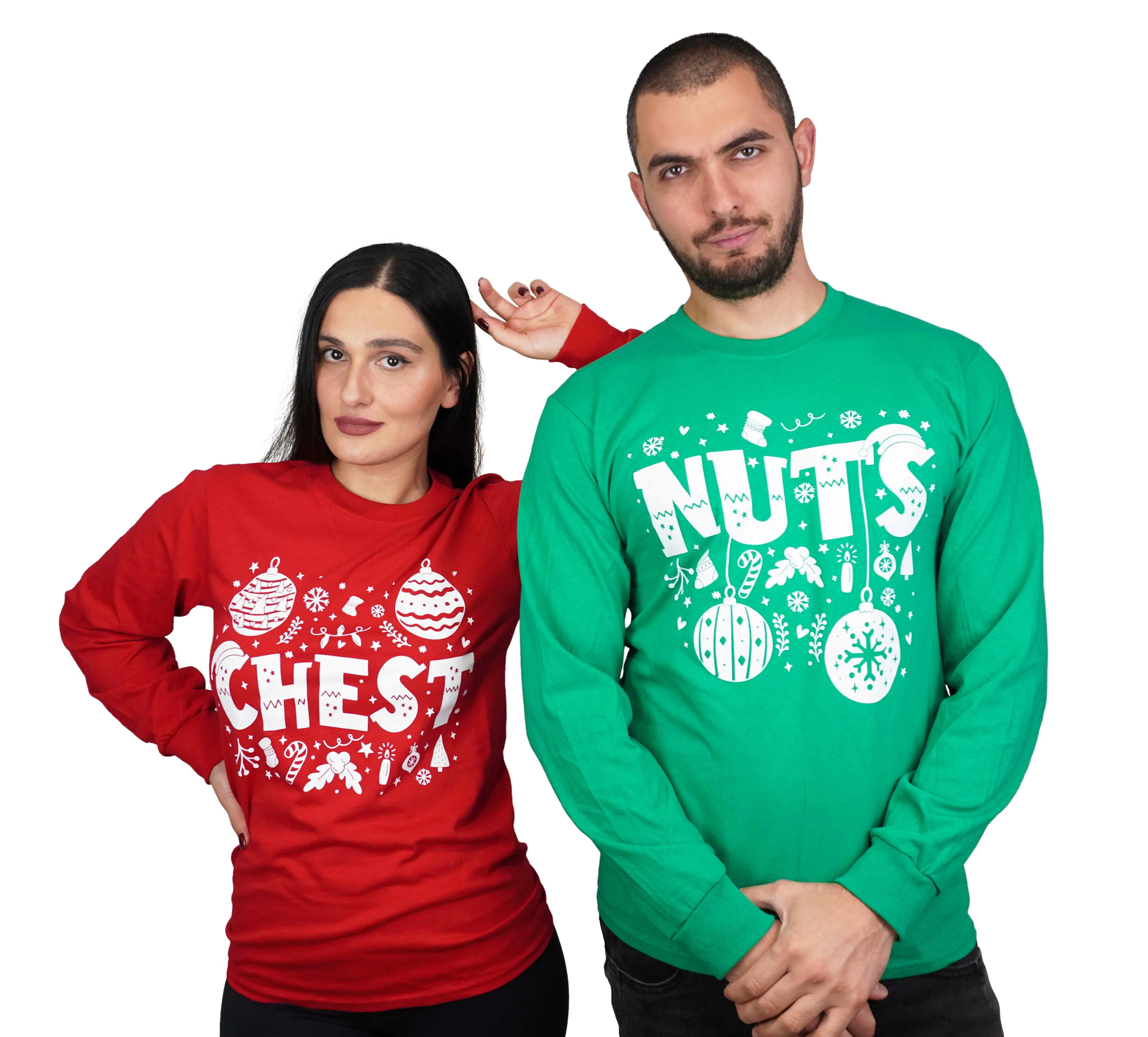 Couple matching green red long sleeve shirts Christmas funny Chestnuts Chest Nuts humorous ugly sweater party t-shirts