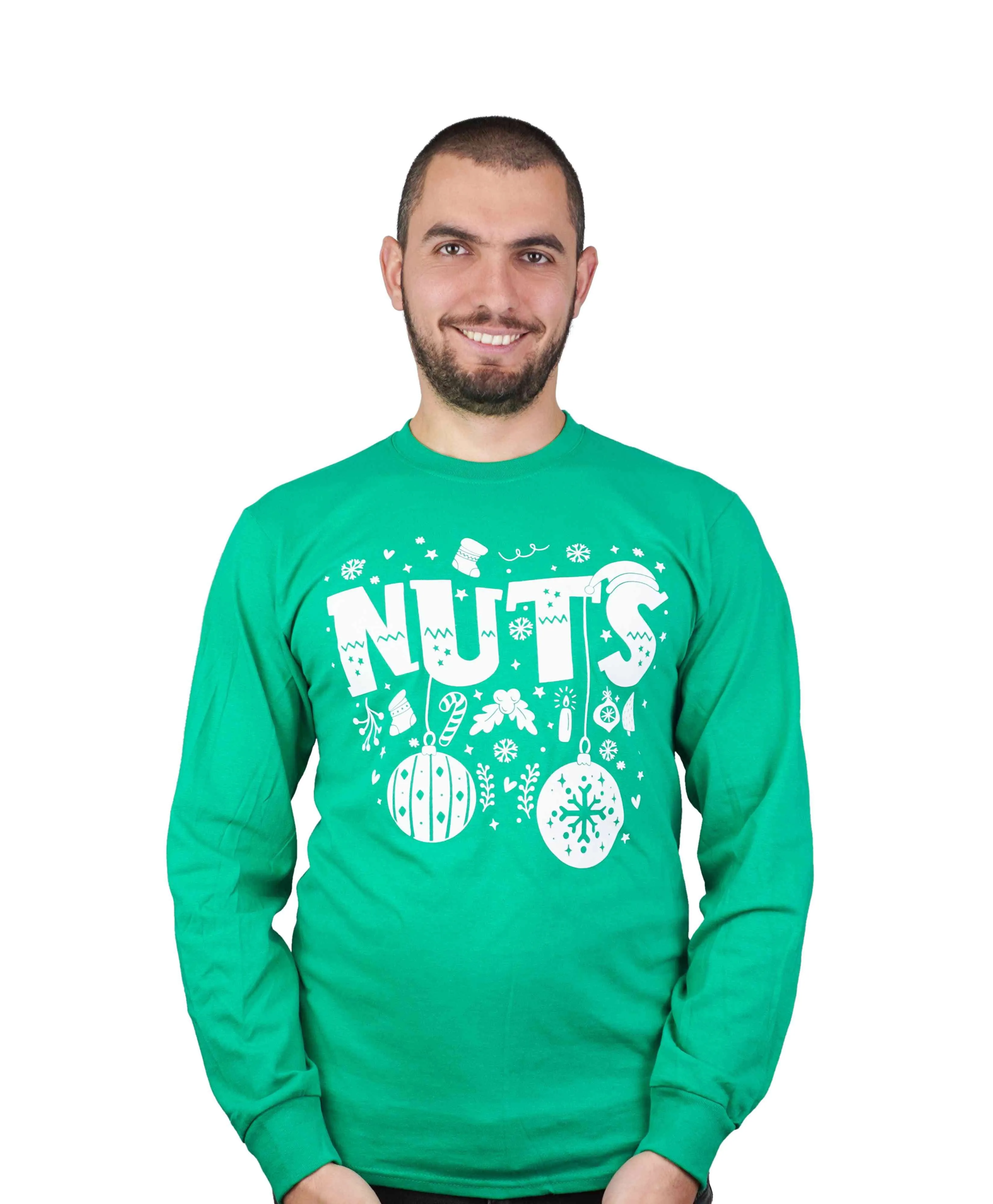 Couple matching green red long sleeve shirts Christmas funny Chestnuts Chest Nuts humorous ugly sweater party t-shirts