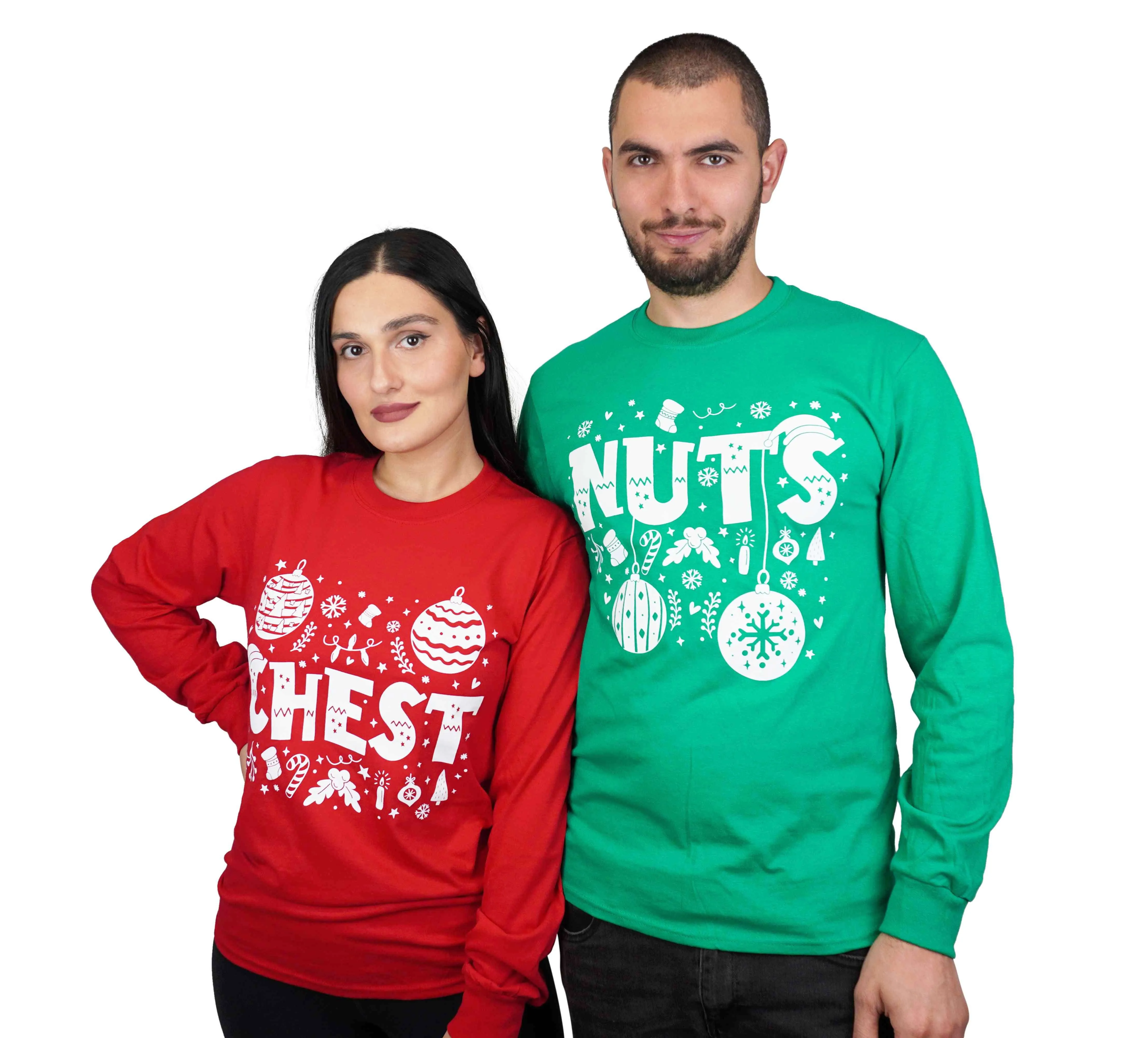 Couple matching green red long sleeve shirts Christmas funny Chestnuts Chest Nuts humorous ugly sweater party t-shirts