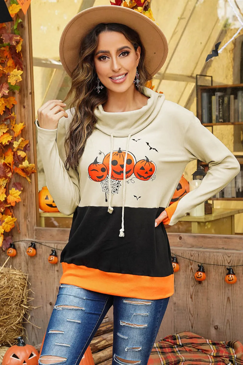 Cowl Neck Pumpkin Print Color Block Halloween Sweatshirt